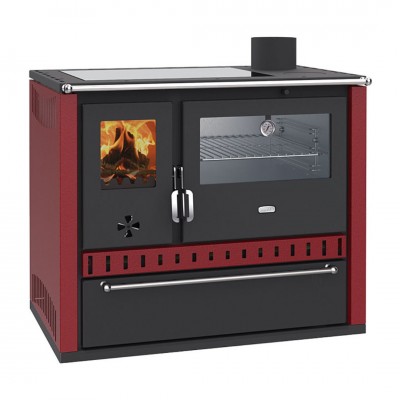 Готварска печка на дърва Прити GT червена, с иноксова фурна, стъклокерамичен плот и чекмедже, 15 kW - Prity