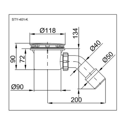 Сифон за душ корито Ф90 - 118мм + коляно Ф40/50 - 45°, хром - Styron