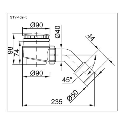 Сифон за душ корито Ф90 - 90мм + коляно Ф40/50 - 45°, хром - Styron