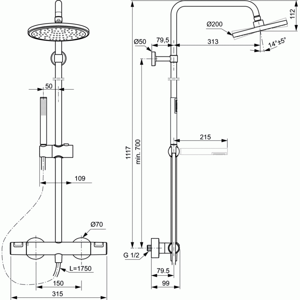 CERATHERM T25 душ система със стенен термостатен смесител | Смесители за баня |  |