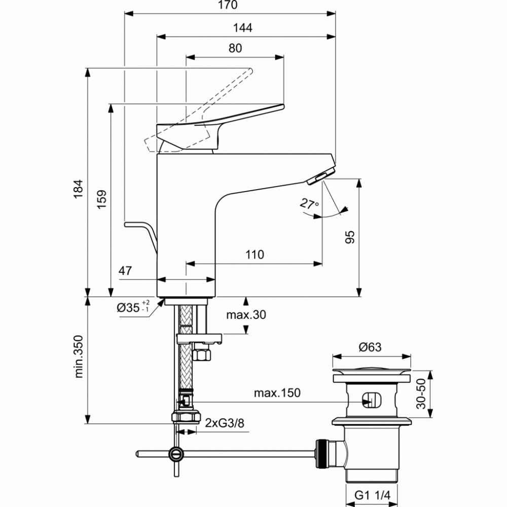 Dorea смесител за умивалник  H95 с метален изпразнител | Смесители за баня |  |